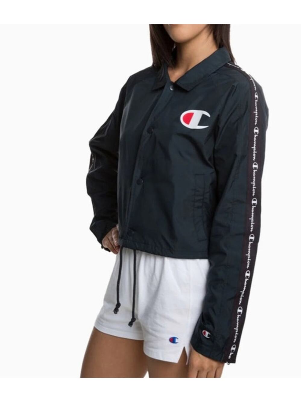Women's Champion Zipper Tape Snap Front Cropped Coach Windbreaker Jacket Medium